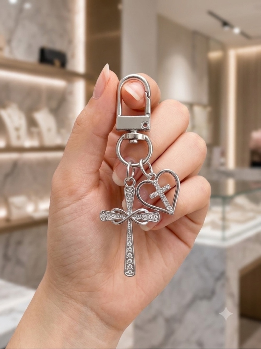 Silver Crystal Cross & Heart Keychain Charm